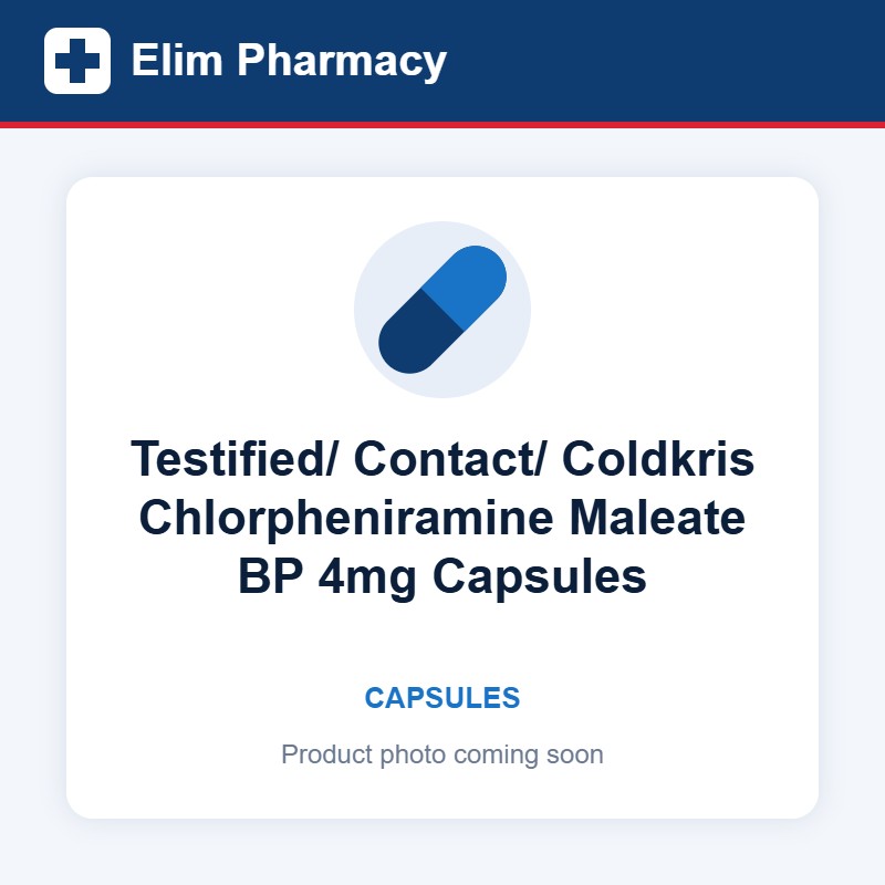 Testified/ Contact/ Coldkris Chlorpheniramine Maleate BP 4mg Capsules