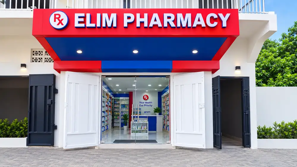Elim Pharmacy storefront with red and blue sign in Maiduguri